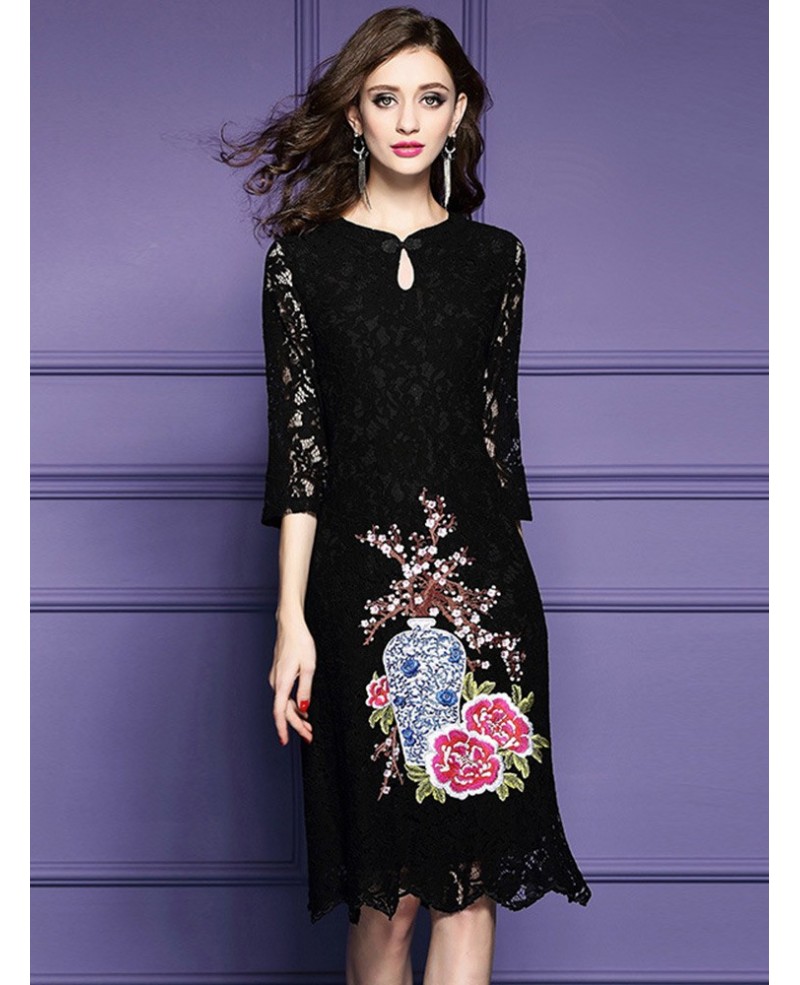 Red Lace Embroidery Wedding Guest Dress For Fall With Lace Sleeves - Click Image to Close
