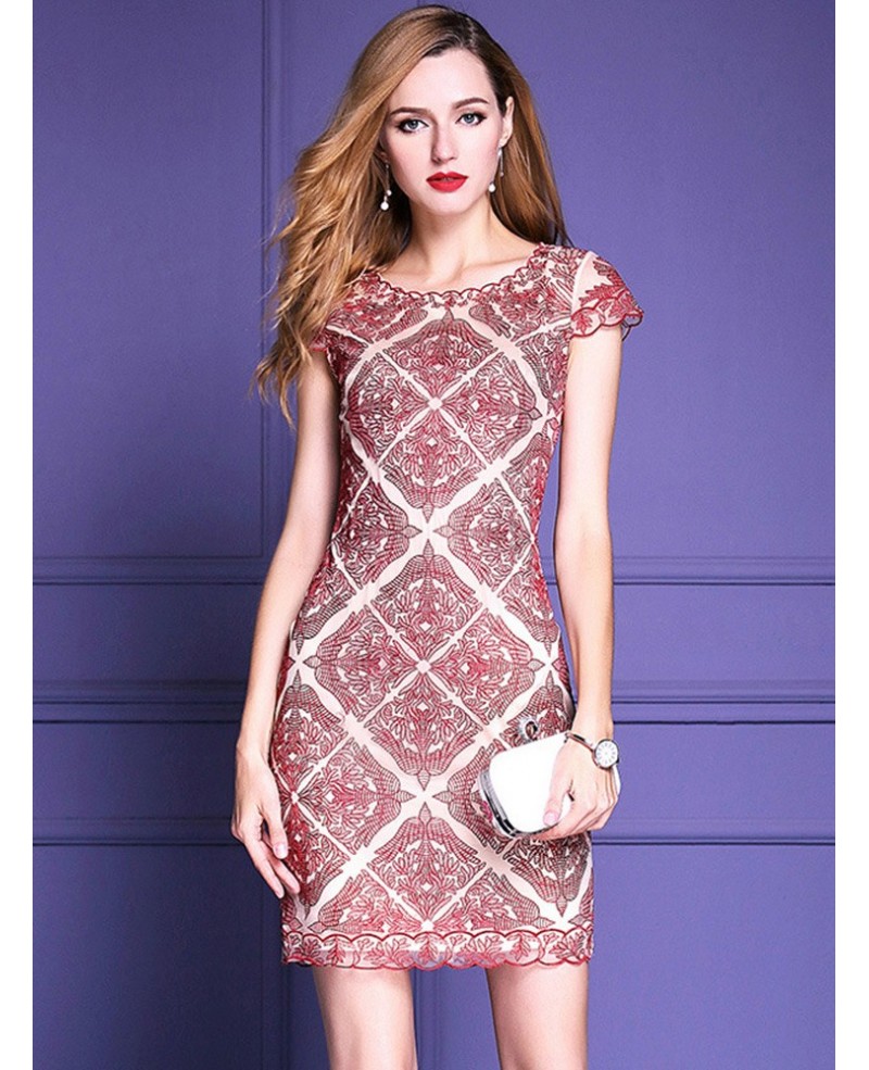 Unique Burgundy Embroidery Cocktail Dress For Weddings Cap Sleeves