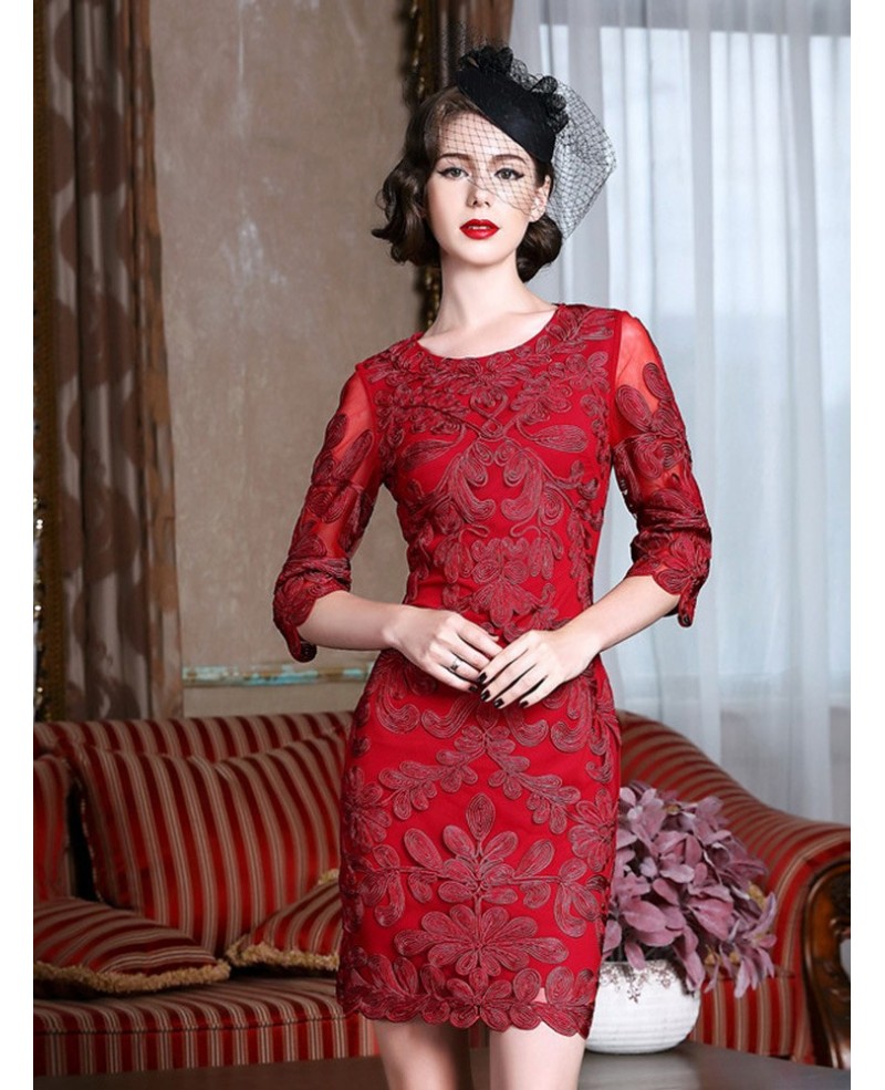 Classy Burgundy Cocktail Dress For Weddings Women Over 40,50 With Sleeves - Click Image to Close