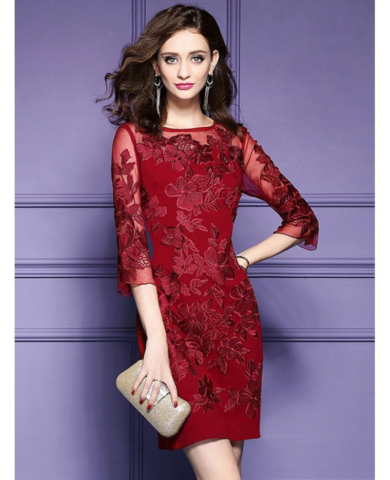 Burgundy Half Sleeve Petie Dress For Weddings With Embroidery - Click Image to Close