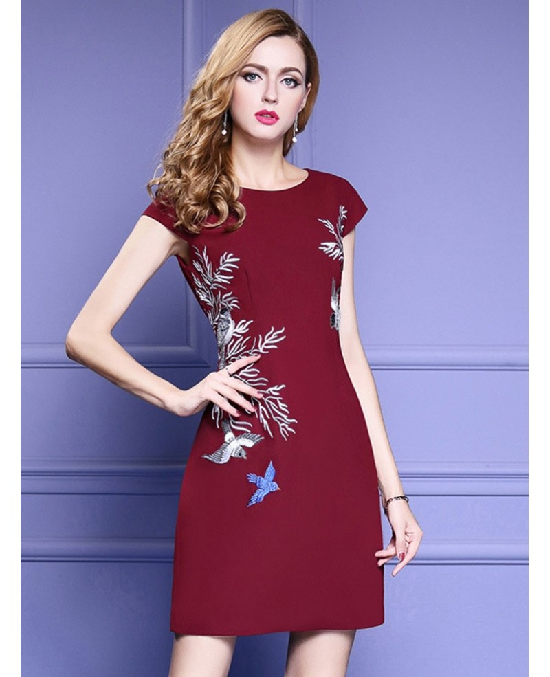 Cap Sleeve Short Bodycon Dress With Embroidery - Click Image to Close