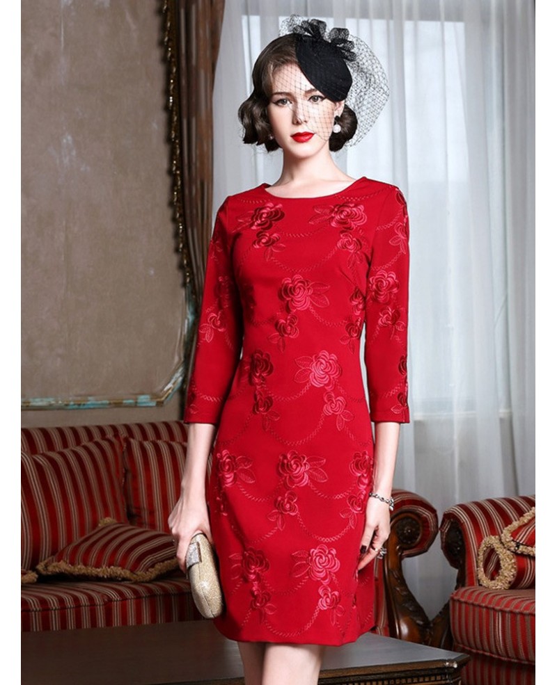 Elegant Burgundy Sheath Short Party Dress With Sleeves Embroidery