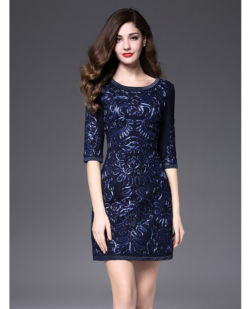 Short Fitted Wedding Guest Dress Navy Blue With Sleeves Luxury Embroidery - Click Image to Close
