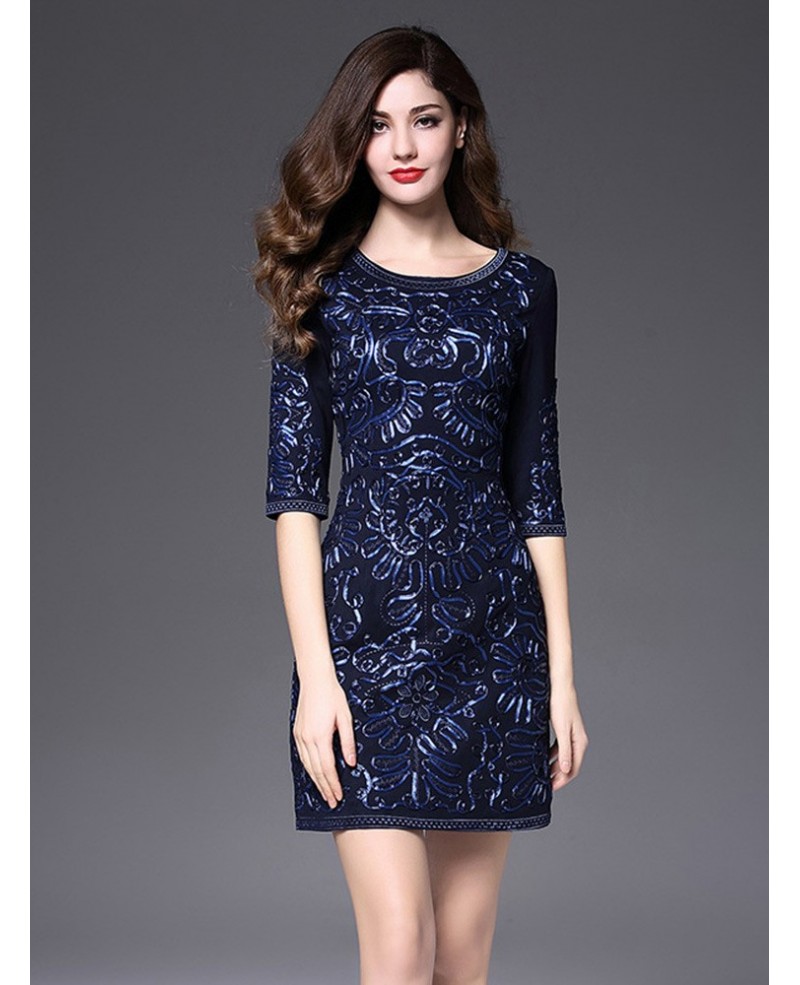 Short Fitted Wedding Guest Dress Navy Blue With Sleeves Luxury Embroidery