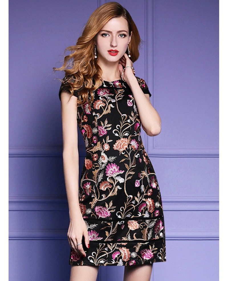 Black Embroidered Floral Bodycon Dress For Wedding Guest With Cap Sleeves