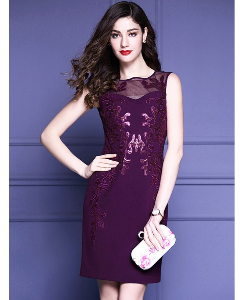 Purple Embroidery Fitted Cocktail Dress Sleeveless For Wedding Guest