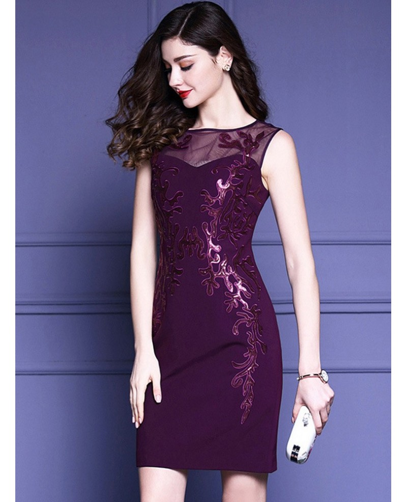 Purple Embroidery Fitted Cocktail Dress Sleeveless For Wedding Guest ...