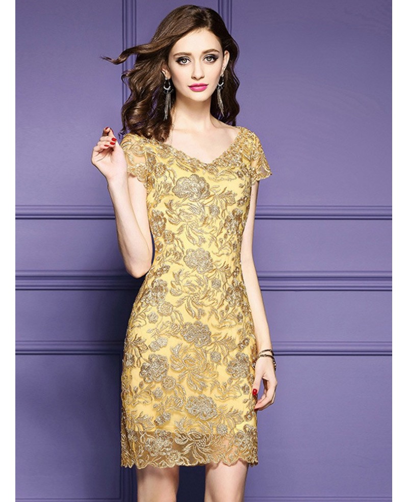 Luxury Gold Embroidery Sheath Party Dress For Wedding Guest Unique Embroidery