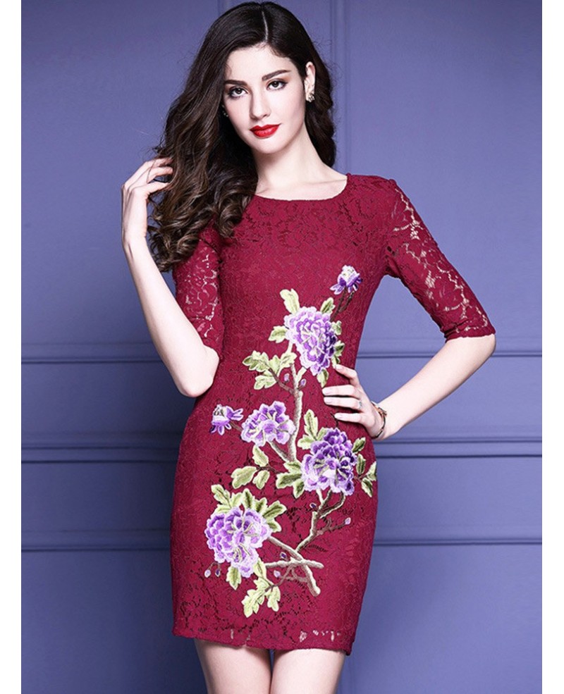 Half Lace Sleeve Bodycon Dress Wedding Guests With Embroidered Flowers