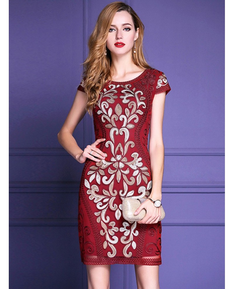 High-end Burgundy Cap Sleeve Bodycon Party Dress For Weddings With Unique Embroidery