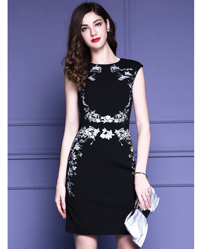 Vintage Little Black Cocktail Dress For Weddings With Embroidery Flowers - Click Image to Close
