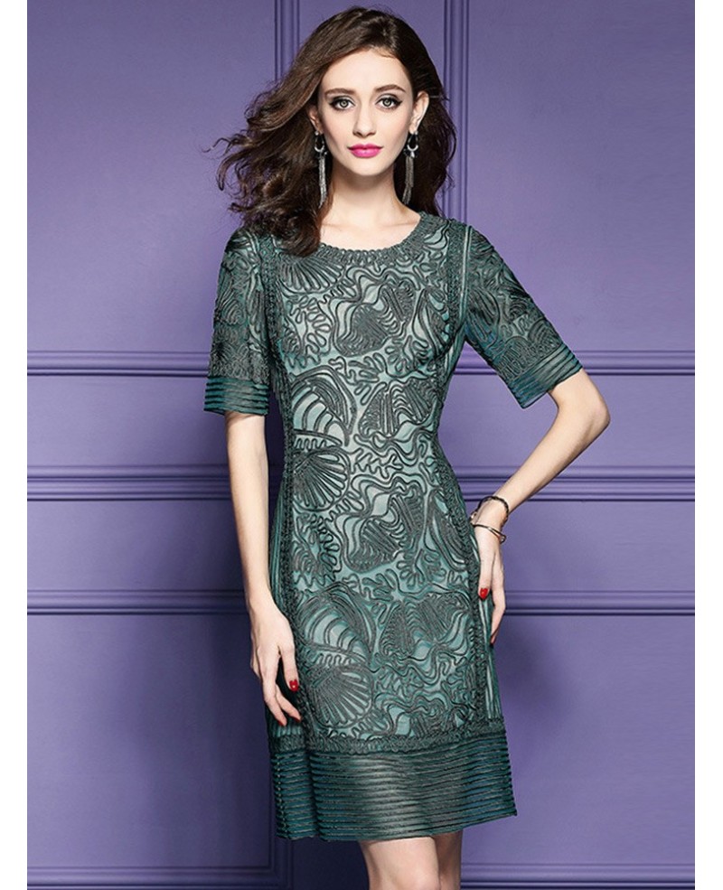 High-end Green Short Sleeve Dress For Women Over 40,50 With Embroidery - Click Image to Close