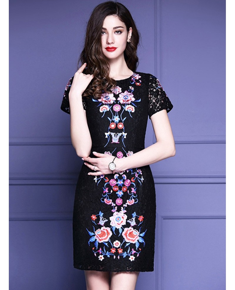 Chic Black Lace Bodycon Dress With Flowers For Wedding Parties