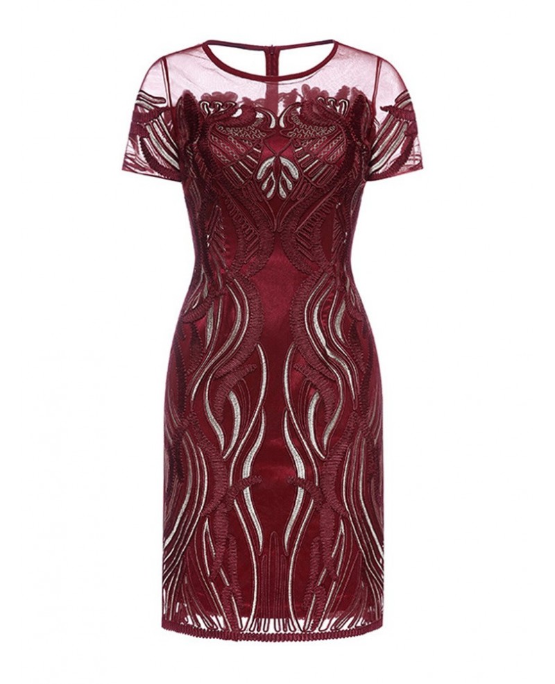 High-end Burgundy Illusion Neck Cocktail Wedding Party Dress With Embroidery