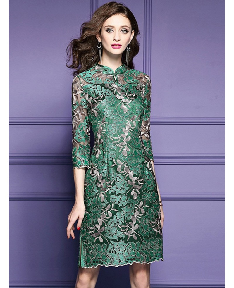 Special High Neck Qipao Style Bodycon Dress With Sleeves For Weddings - Click Image to Close