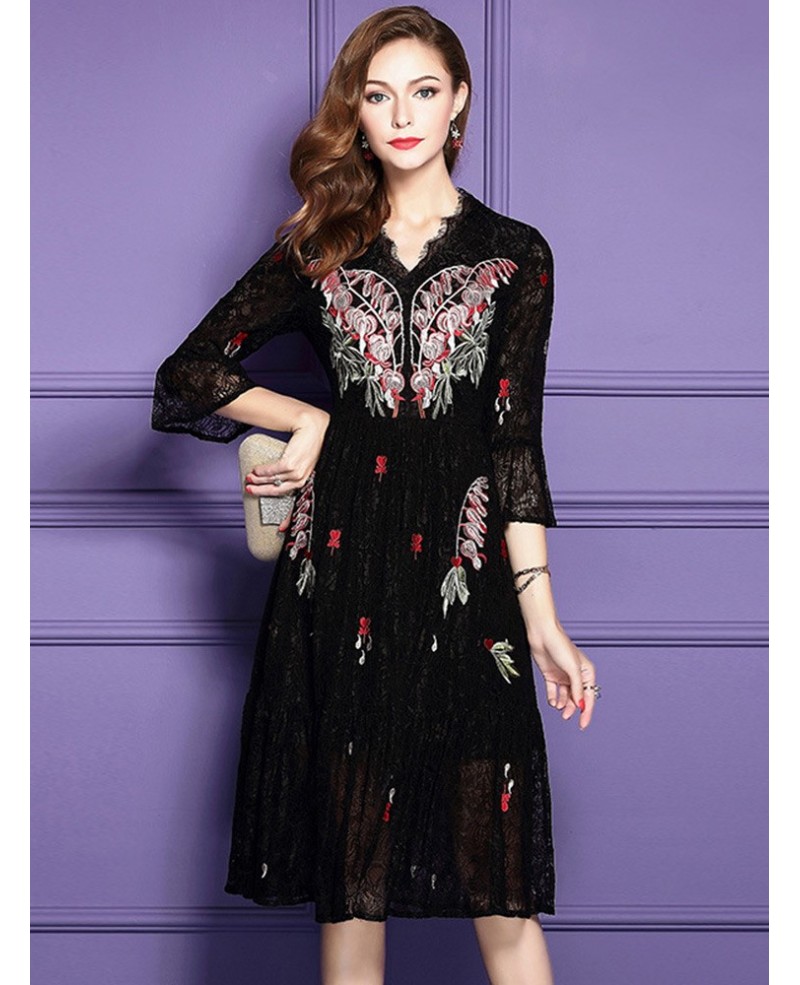 Classy Black Knee Length Lace Wedding Guest Dress For Fall With Sleeves