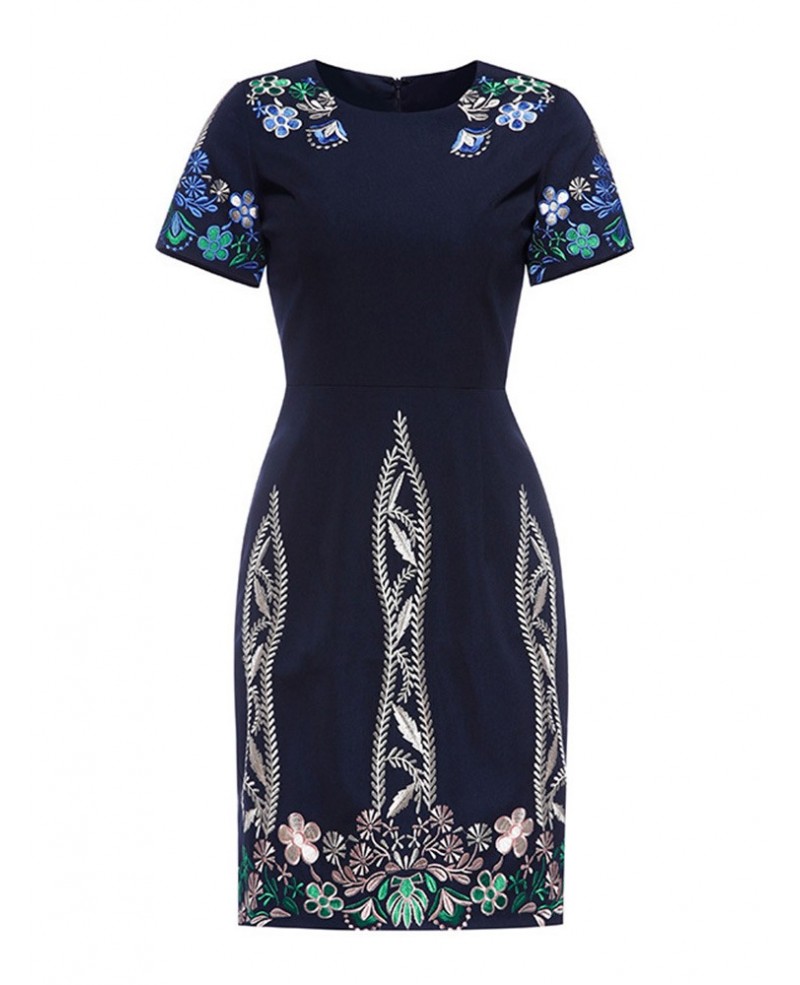 Vintage Navy Blue Embroidered Cocktail Wedding Party Dress With Short Sleeves - Click Image to Close