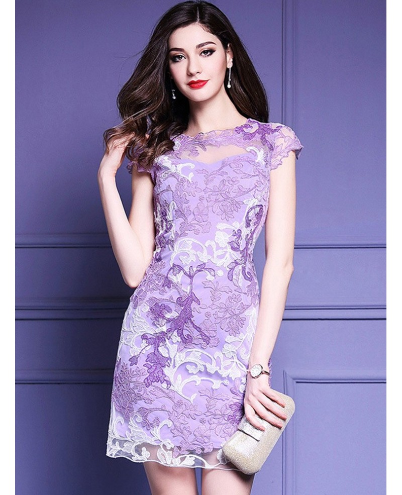 High Quality Purple Embroidery Bodycon Dress For Wedding Guests