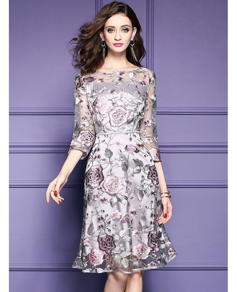 Grey Embroidery Knee Length Floral Party Dress Wedding Guests - Click Image to Close