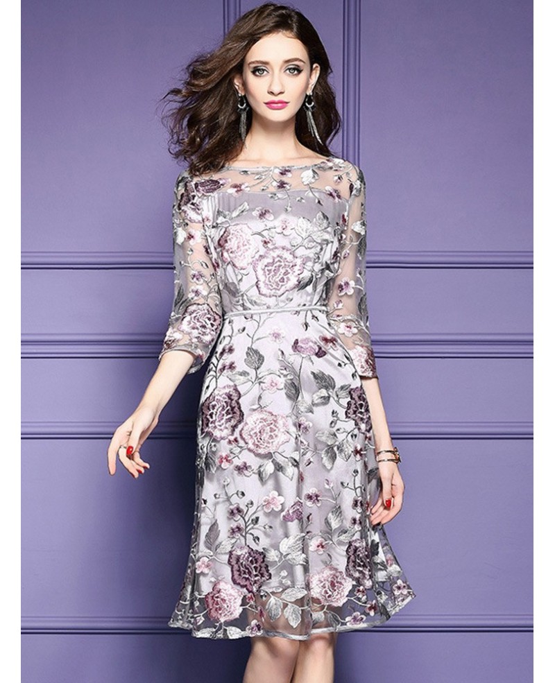 Grey Embroidery Knee Length Floral Party Dress Wedding Guests