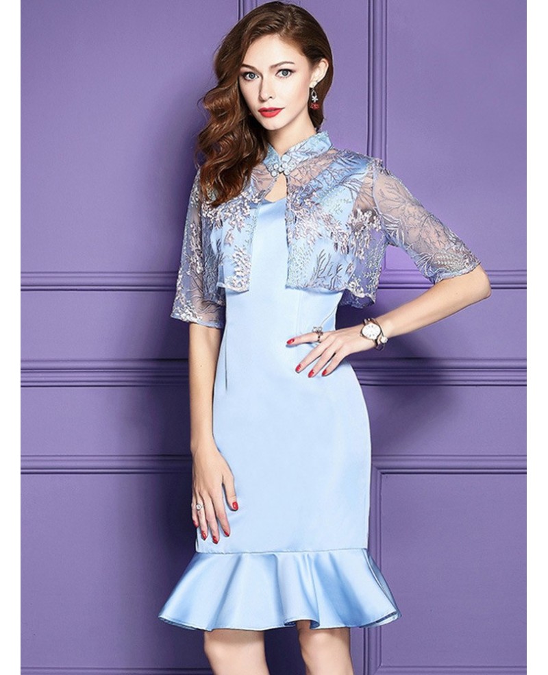 Blue Fit And Flare Knee Length Dress For Weddings With Jacket