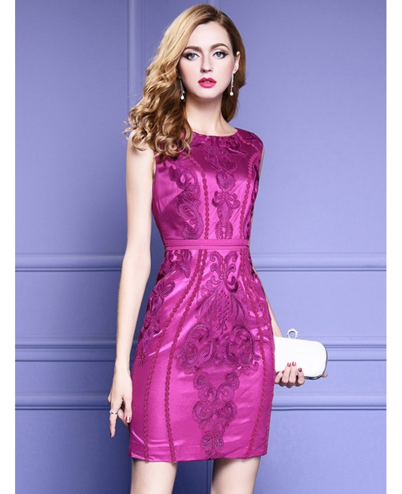 Purple Bodycon Fitted Party Dress Sleeveless For Weddings With Embroidery