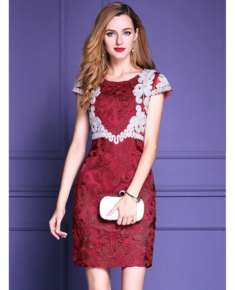 Unique Burgundy Embroidery Cocktail Dress For Weddings Cap Sleeves - Click Image to Close