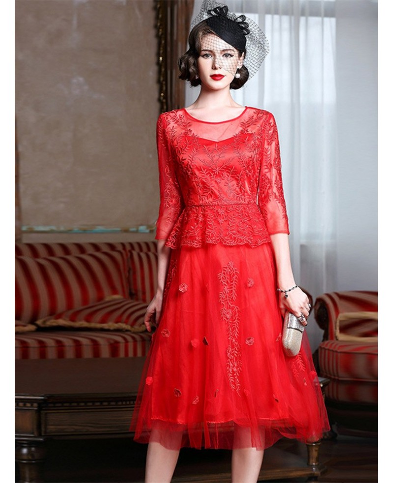 Knee Length Red Lace A Line Party Dress For Wedding Guests - Click Image to Close
