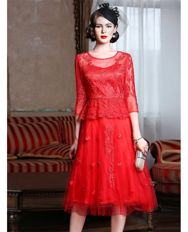 Knee Length Red Lace A Line Party Dress For Wedding Guests