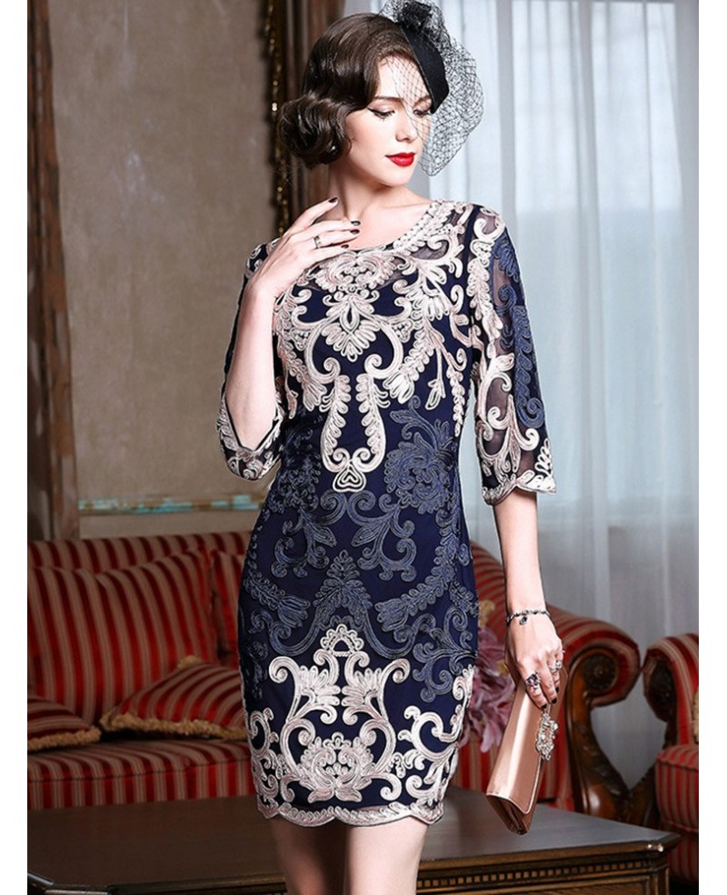 High-end Navy Blue Embroidery Cocktail Dress For Women 40,50 Wedding Guests