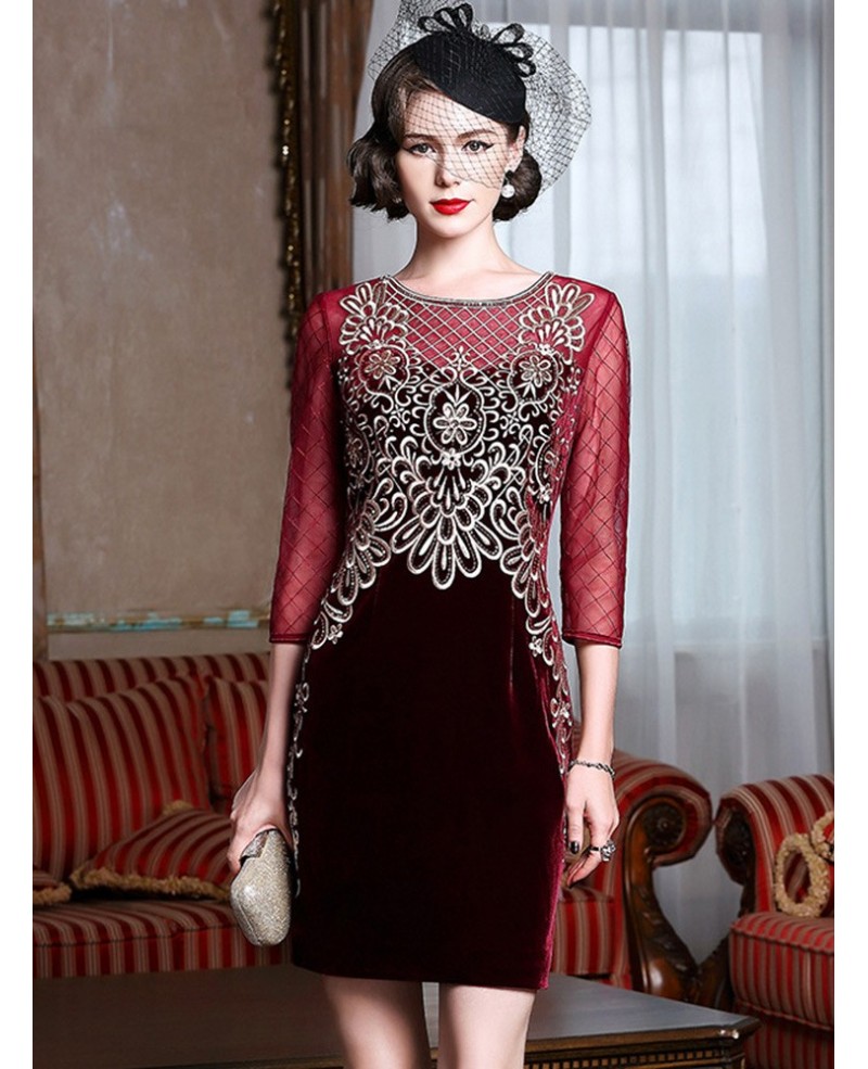 Luxury Embroidered Bodycon Velvet Wedding Guest Dress For Fall Weddings - Click Image to Close