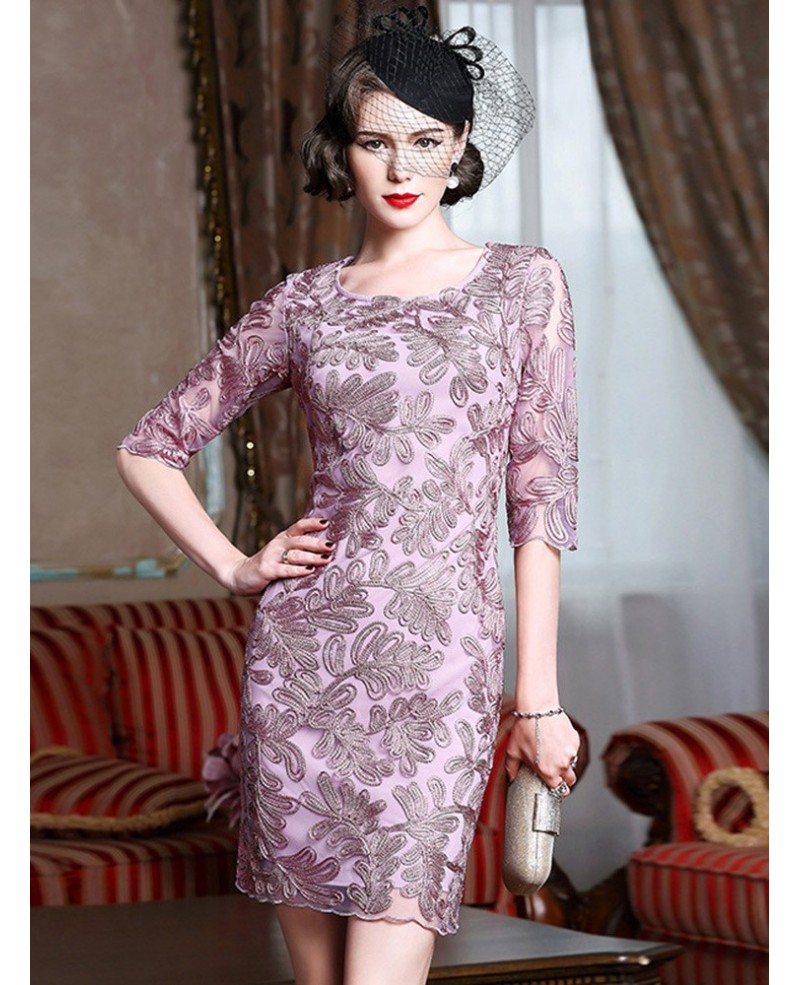 Elegant Pink Embroidery Fitted Cocktail Party Dress With Sleeves