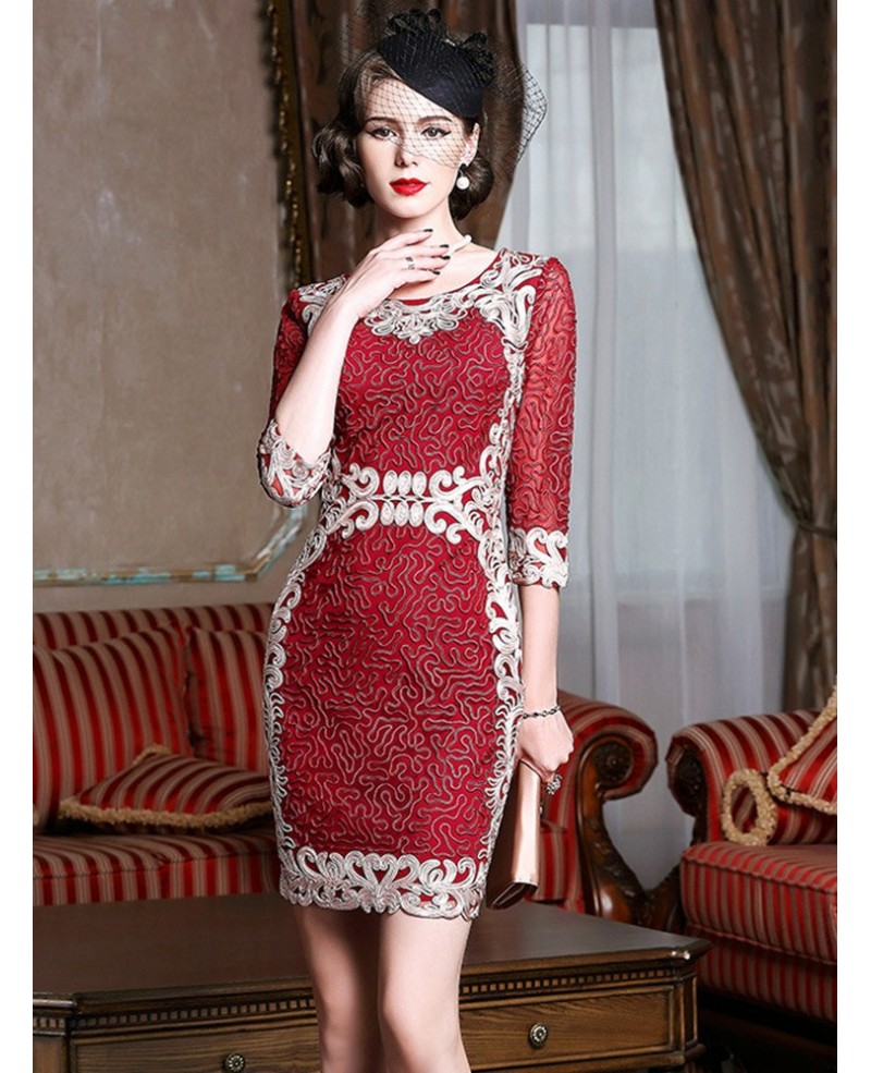 Vintage Burgundy Embroidery Cocktail Party Dress For Weddings Formal - Click Image to Close