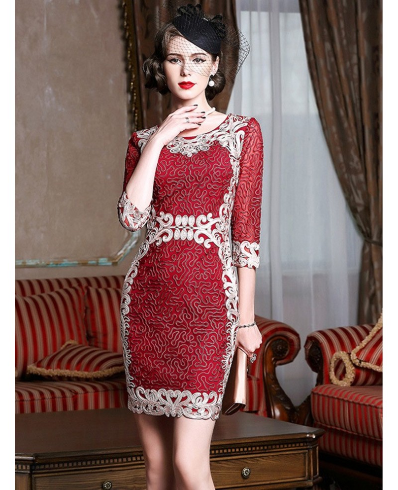 Vintage Burgundy Embroidery Cocktail Party Dress For Weddings Formal