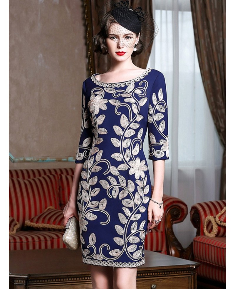 Navy Blue Leaf Pattern Formal Weddings Cocktail Party Dress For Women - Click Image to Close