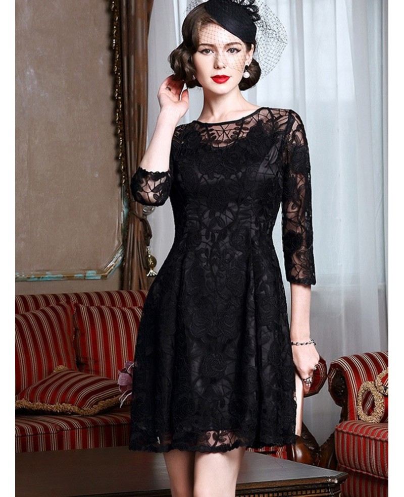 Classy Black Lace Fit And Flare Dress With Lace Sleeves For Weddings - Click Image to Close