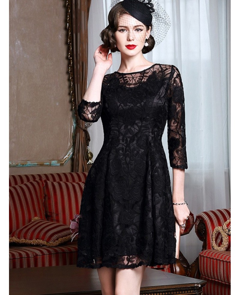 Classy Black Lace Fit And Flare Dress With Lace Sleeves For Weddings