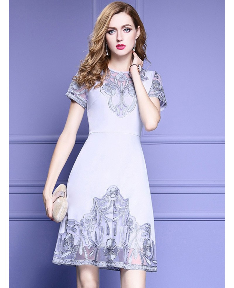High-end Grey A Line Cocktail Party Dress With Sleeves Embroidered