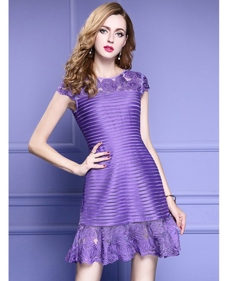 Purple Fit And Flare Lace Short Formal Party Dress For Weddings - Click Image to Close
