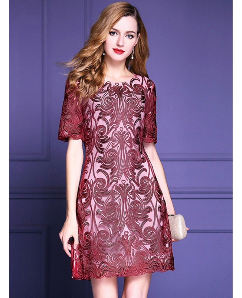 Classy Burgundy Short Sleeve Cocktail Dress For Over Weddings - Click Image to Close