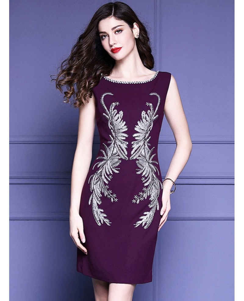 Unique Embroidery Pattern Purple Cocktail Dress Sleeveless For Weddings