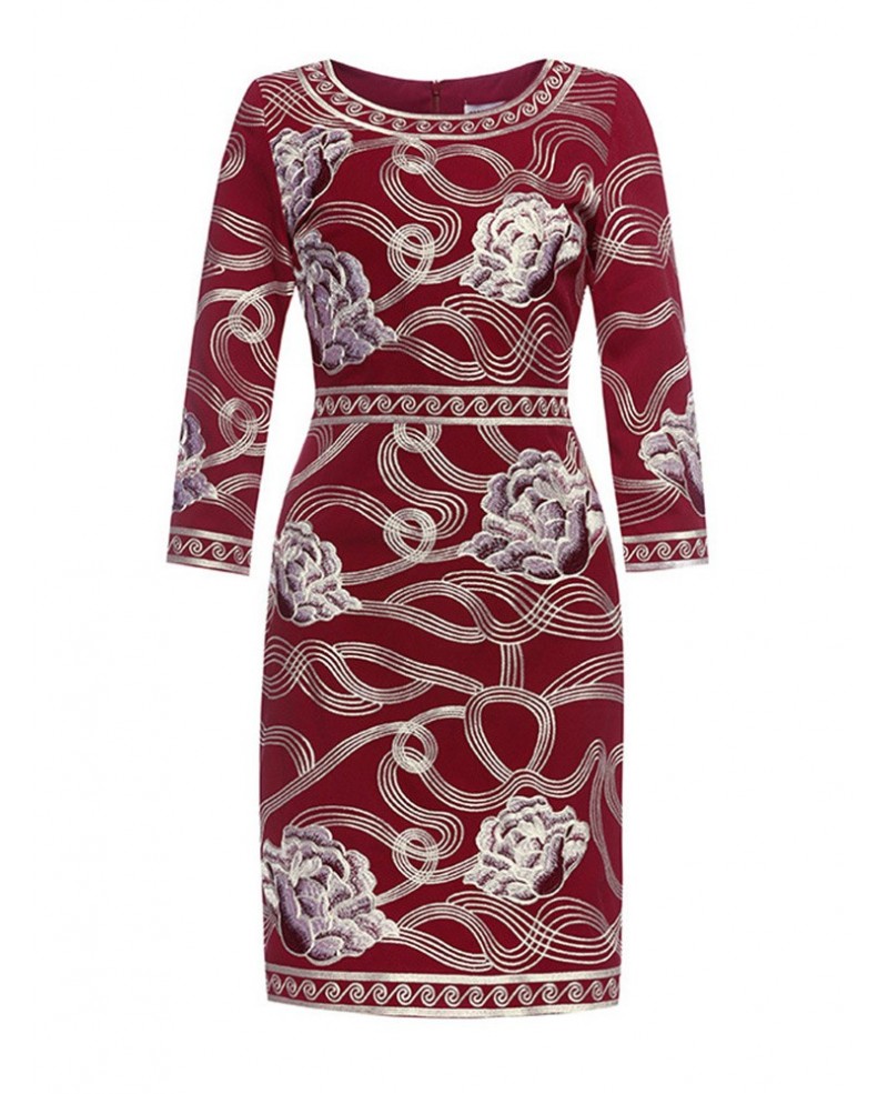 Vintage Embroidery Pattern Burgundy Short Dress With 3/4 Sleeves - Click Image to Close