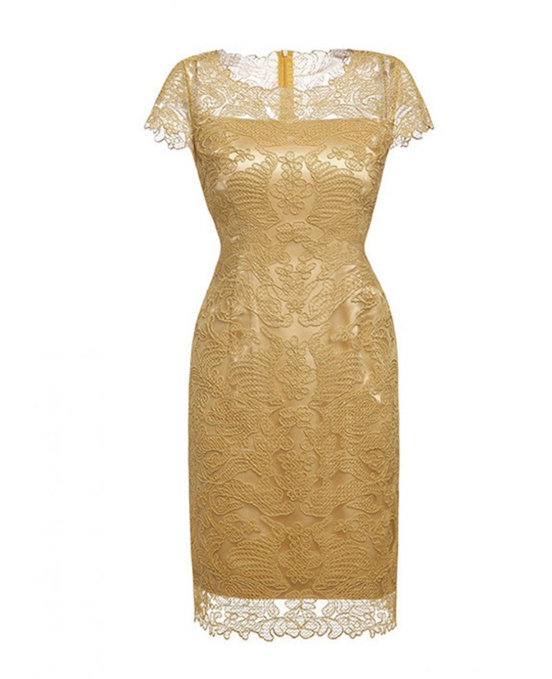 Yellow Short Lace Cocktail Wedding Guest Dress With Short Sleeves High-end Embroidery
