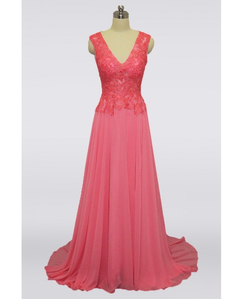 Youngful Coral Pink Long Mother Of The Bride Dress V-neck With Lace Bodice