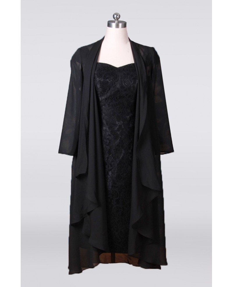 Tea Length Black Sheath Mother Of The Bride Dresses With Long Chiffon Jacket - Click Image to Close