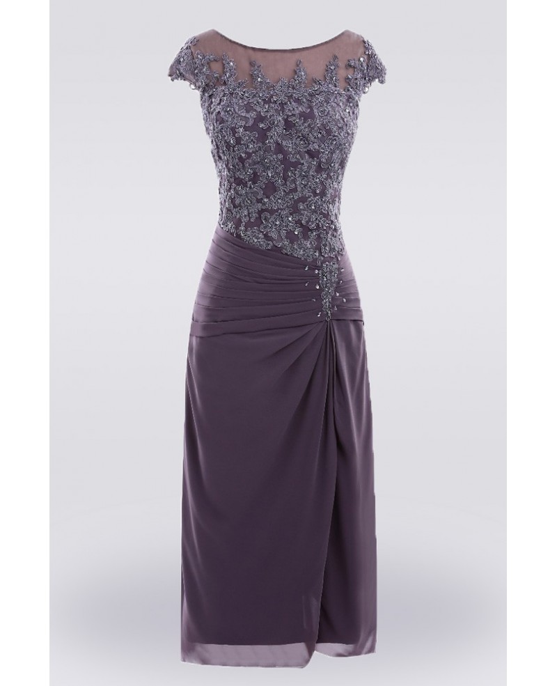 Purple Knee Length Lace Mother Of The Bride Dress With Sleeves Custom Size - Click Image to Close