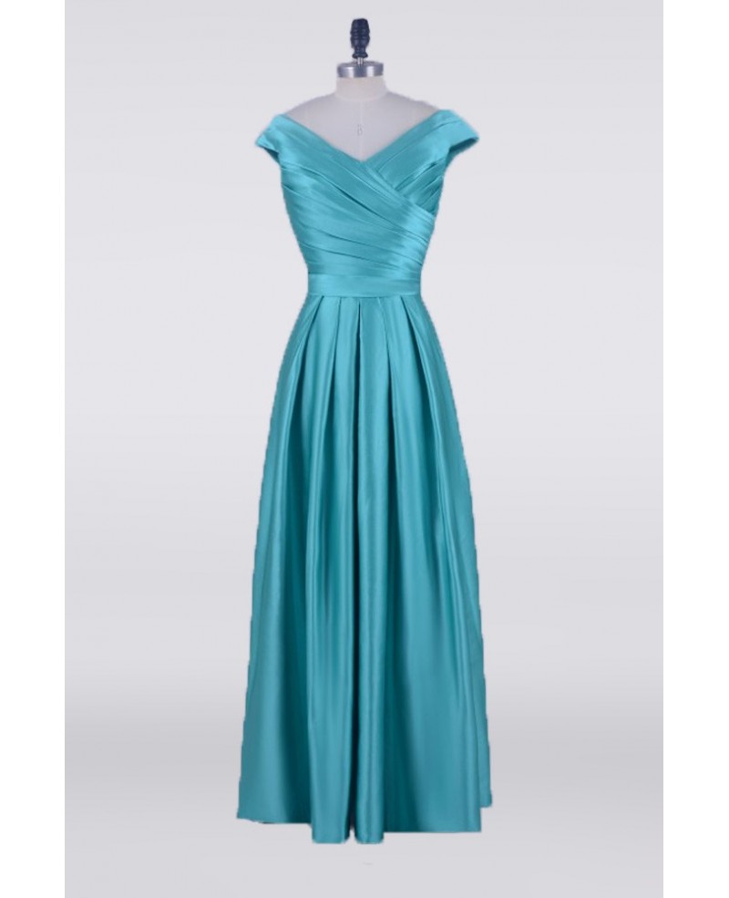 Long Teal Pleats Satin Mother Of The Bride Dress With Cap Sleeves