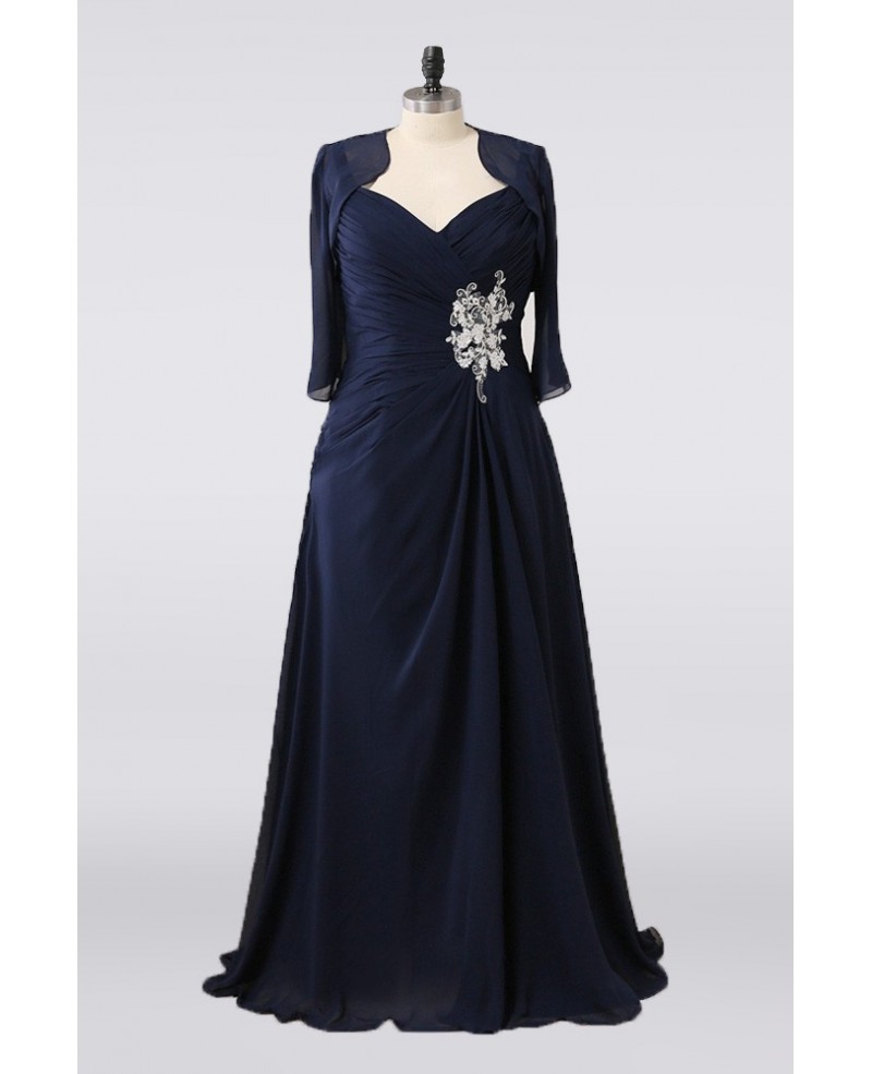 Full Figure Dark Navy Blue Mother Of The Bride Dress Pleated With Jacket