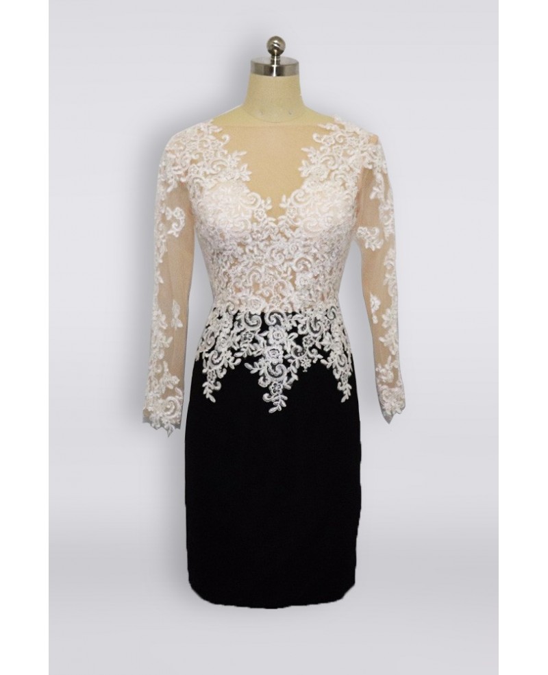Short Black And White Lace Mother Of Bride Dress With Long Sleeves 2018 - Click Image to Close