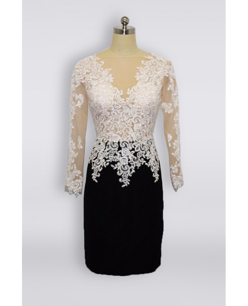 Short Black And White Lace Mother Of Bride Dress With Long Sleeves 2018